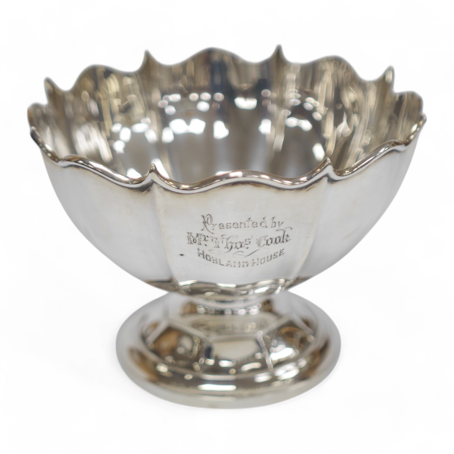 An Edwardian silver presentation pedestal bowl, with engraved inscription, A&J Zimmerman, Birmingham, 1908, height 13cm, 11.6oz. Condition - good